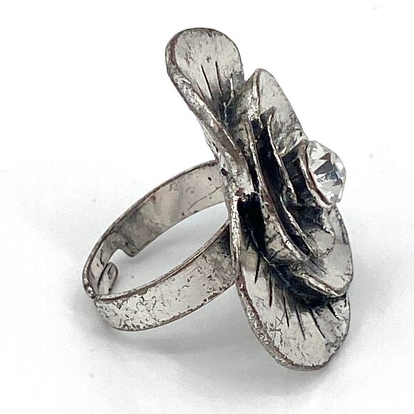 Silver Tone Metal Flower Rhinestone Bling Adjustable Ring Costume Jewelry 7.25 - Picture 3 of 6